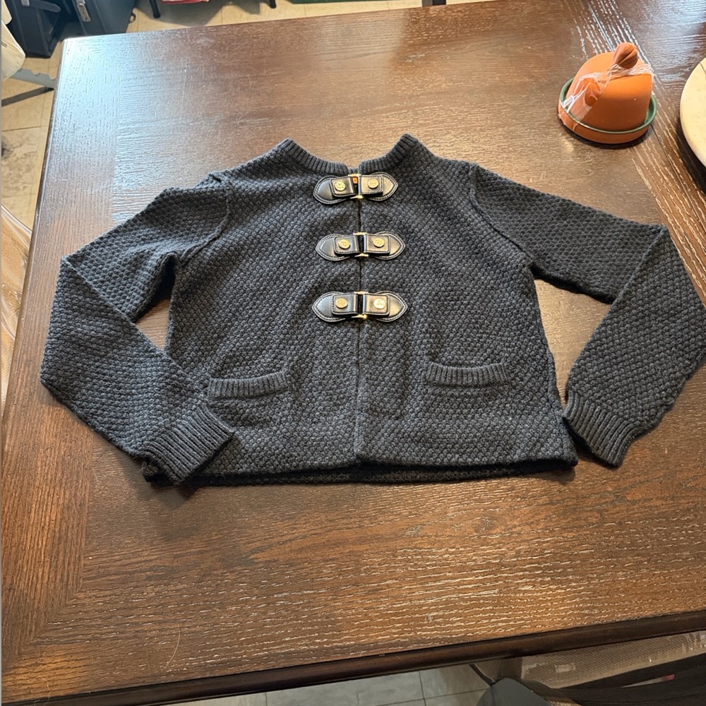 TORY BURCH WOOL/ALPACA CHARCOAL GREY CARDIGAN STYLE SWEATER WITH Buckle Closures